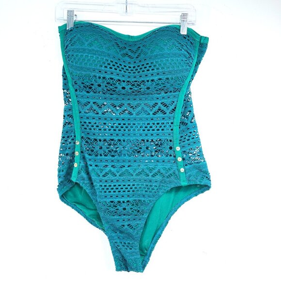 Lookbook Store Deep Emerald Green Eyelet One Piece Swimsuit - Picture 1 of 10
